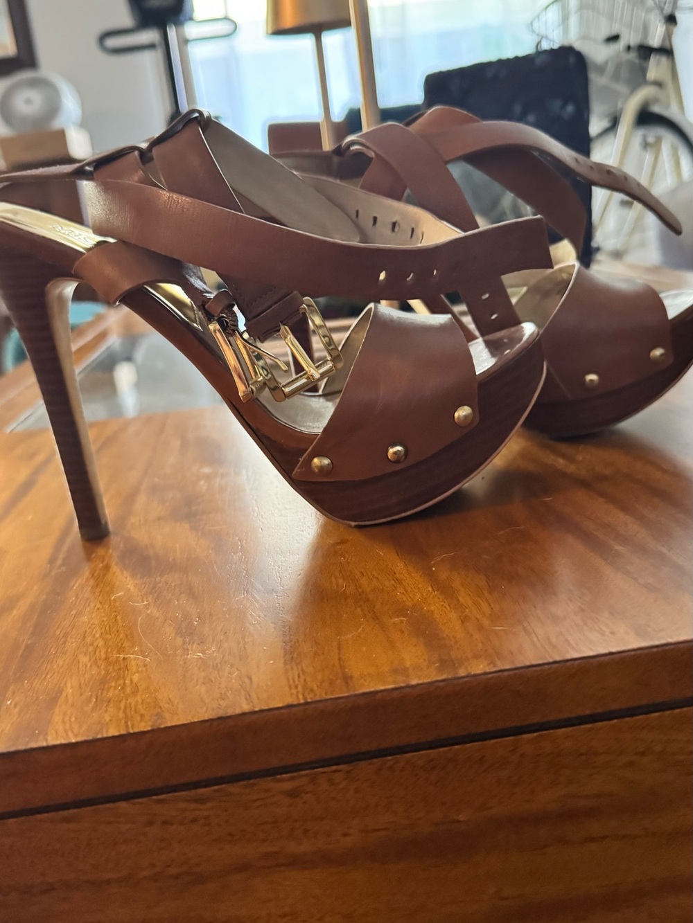 Michael Kors Brown Leather High Heel Platform Sandals with Gold Buckle Strappy